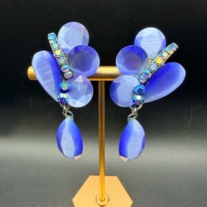 VTG Frosted/opaque Blue Glass Dangle Clip Bearings With Blue AB Rhinestones